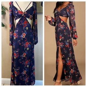 NWOT Lulus Growing, Growing, Gone Navy Blue Floral Print Cutout Maxi Dress
